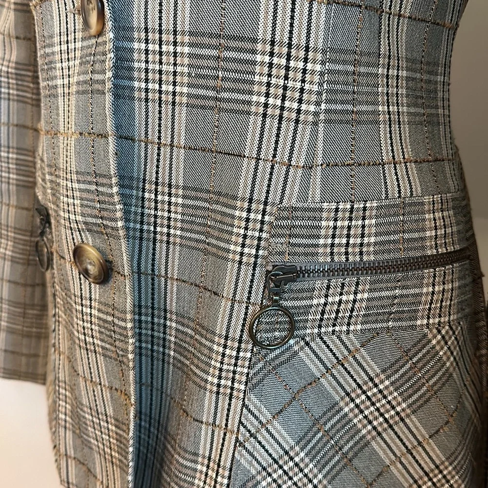 H&M | Vintage Neutral Brown Tan Plaid Blazer Large Lapel Button Down Coat - Picture 2 of 11